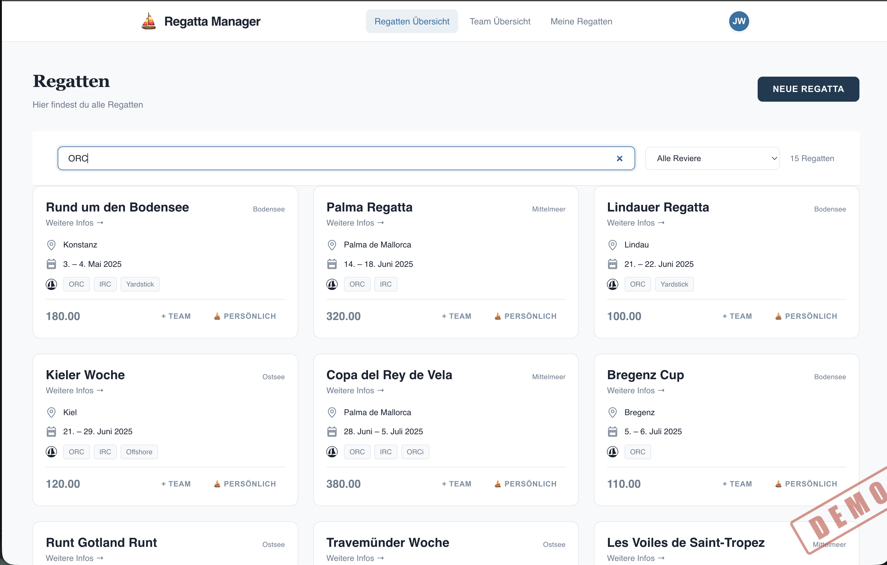 Regatta-Übersicht mit Filter