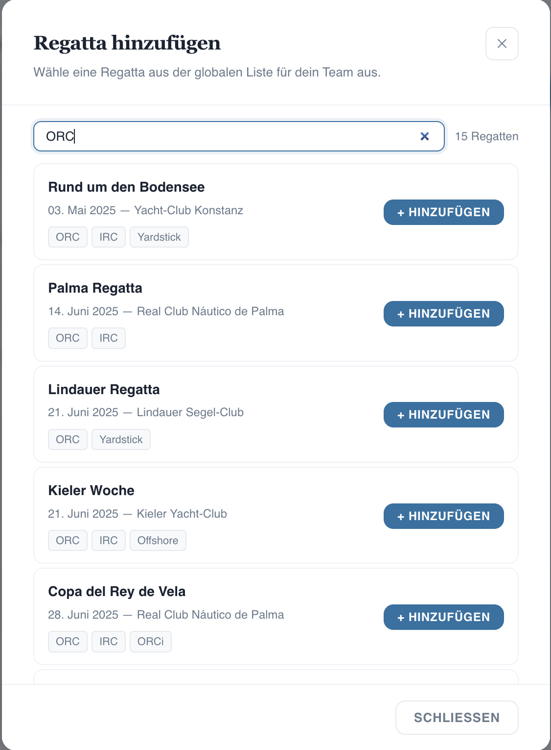 Regatta hinzufügen Dialog