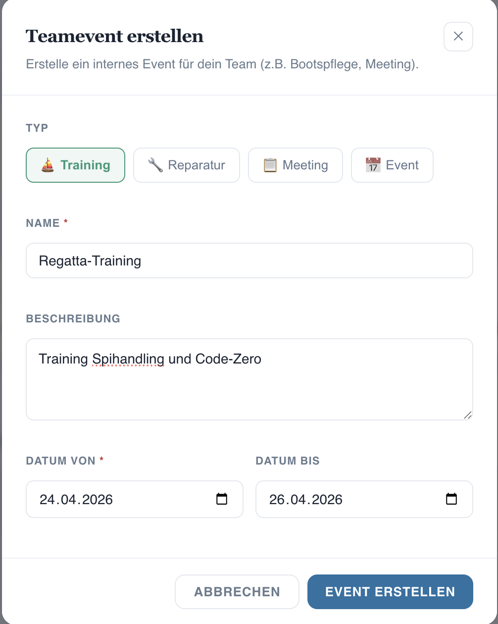 Teamevent erstellen Dialog